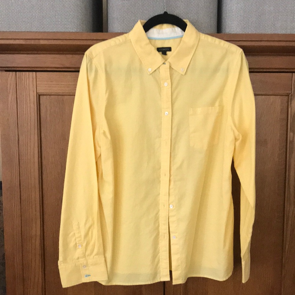 Button down collar long sleeved yellow blouse with dragon fly detailing pocket